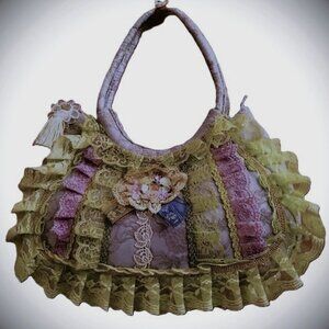 Boho-Style Purse Covered in Green & Purple Lace & Ruffles w/ Tassel Accents